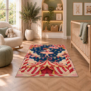 Circus Tightrope Rug in a nursery with a crib and armchair