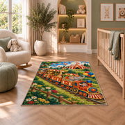 Circus Train Rug in a nursery with a crib and armchair