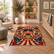 Vintage Circus Emblem Rug in a nursery with a crib and armchair