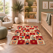 Checkered Circus Rug in a nursery with a crib and armchair