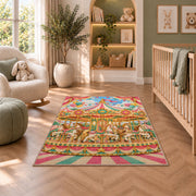 Carousel Rug in a nursery with a crib and armchair
