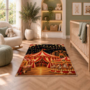 Carnival Night Rug in a nursery with a crib and armchair
