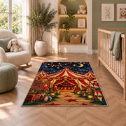 Circus Tent at Night Rug in a nursery with a crib and armchair