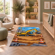 Yellow Excavator Rug in a nursery with a crib and armchair
