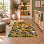 Construction Site Play Mat Rug in a nursery with a crib and armchair