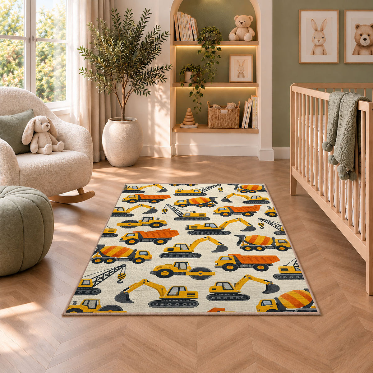 Construction Vehicles Pattern Rug in a nursery with a crib and armchair