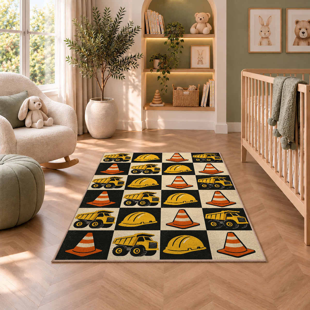 Retro Checkered Construction Rug in a nursery with a crib and armchair