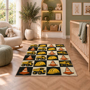 Retro Checkered Construction Rug in a nursery with a crib and armchair