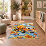 Cute Cement Mixer Rug in a nursery with a crib and armchair