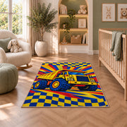 Pop Art Dump Truck Rug in a nursery with a crib and armchair