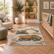 Minimalist Excavator Line Art Rug in a nursery with a crib and armchair