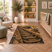 Excavator Tracks Rug in a nursery with a crib and armchair