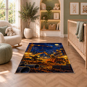 Construction Site at Night Rug in a nursery with a crib and armchair
