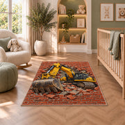 Excavator Brick Wall Rug in a nursery with a crib and armchair