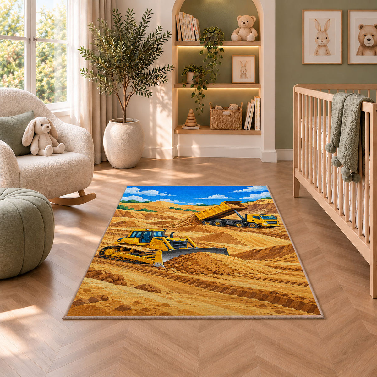 Bulldozer Dump Truck Rug in a nursery with a crib and armchair