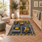 Construction Vehicle Parking Rug in a nursery with a crib and armchair