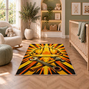 Hard Hat Sunburst Rug in a nursery with a crib and armchair