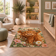 Highland Cow Flower Crown Rug in a nursery with a crib and armchair