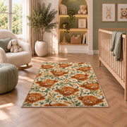 Highland Cow Pattern Rug in a nursery with a crib and armchair