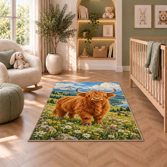 Highland Cow Mountain Meadow Rug in a nursery with a crib and armchair