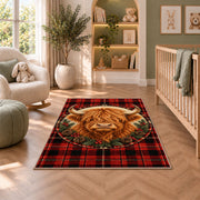 Highland Cow Tartan Plaid Rug in a nursery with a crib and armchair