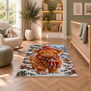Highland Cow Winter Rug in a nursery with a crib and armchair