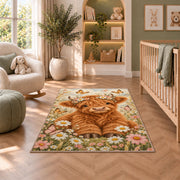 Baby Highland Cow Nursery Rug in a nursery with a crib and armchair