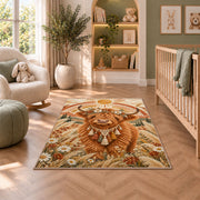 Boho Highland Cow Rug in a nursery with a crib and armchair