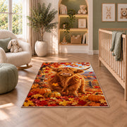 Highland Cow Autumn Rug in a nursery with a crib and armchair