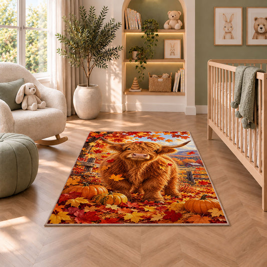 Highland Cow Autumn Rug in a nursery with a crib and armchair