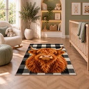 Highland Cow Buffalo Check Rug in a nursery with a crib and armchair