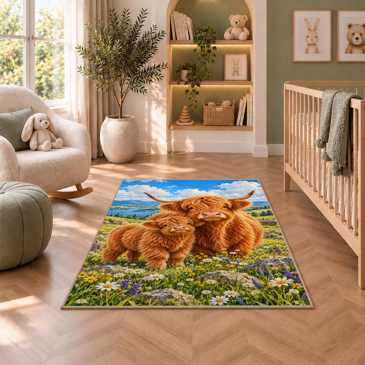 Highland Cow Mom and Calf Rug in a nursery with a crib and armchair