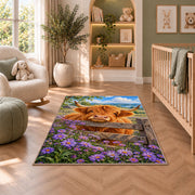 Highland Cow Fence Rug in a nursery with a crib and armchair
