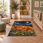 Sleeping Highland Cow Rug in a nursery with a crib and armchair