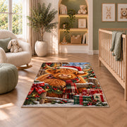 Christmas Highland Cow Rug in a nursery with a crib and armchair