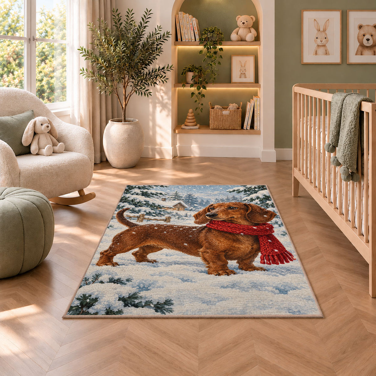 Dachshund Winter Rug in a nursery with a crib and armchair