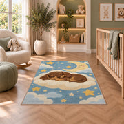 Sleeping Dachshund Puppy Rug in a nursery with a crib and armchair