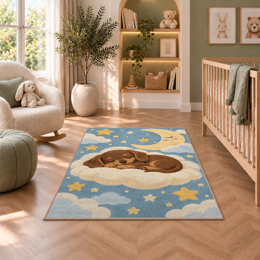 Sleeping Dachshund Puppy Rug in a nursery with a crib and armchair