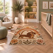 Boho Dachshund Rainbow Rug in a nursery with a crib and armchair