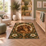 Vintage Dachshund Portrait Rug in a nursery with a crib and armchair