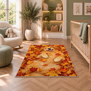 Golden Retriever in Autumn Leaves rug in a nursery with a crib and armchair