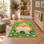 Corgi Butt Welcome rug in a nursery with a crib and armchair