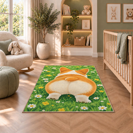 Corgi Butt Welcome rug in a nursery with a crib and armchair