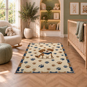 Puppy with Paw Prints and Bones rug in a nursery with a crib and armchair