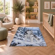 Blue-Eyed Husky in Snowy Forest rug in a nursery with a crib and armchair