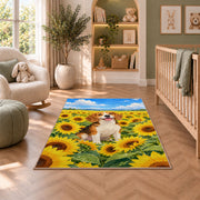 Beagle in Sunflower Field rug in a nursery with a crib and armchair