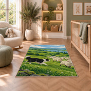 Border Collie Herding Sheep rug in a nursery with a crib and armchair