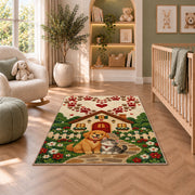 Dog and Cat Cottage Paw Heart rug in a nursery with a crib and armchair