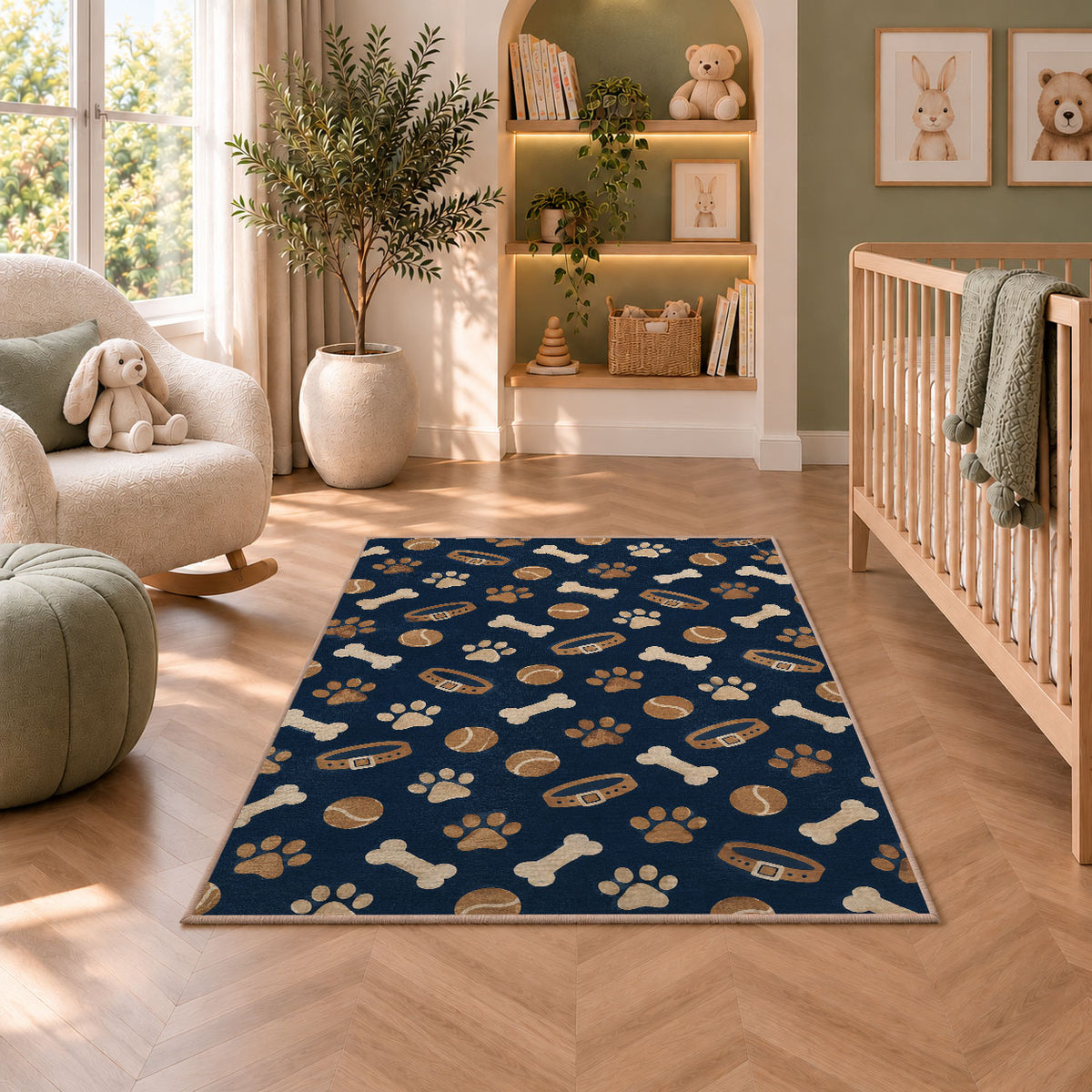 Dog Bones Balls and Paws Pattern rug in a nursery with a crib and armchair