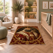 Royal Pug Portrait rug in a nursery with a crib and armchair